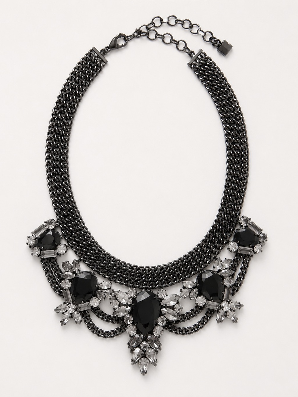 BCBG Black Gunmetal Chain Statement Necklace Crystal Bib Collar